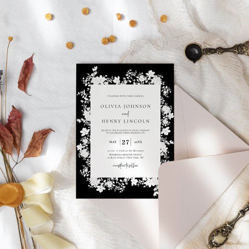 Minimalist Black  White Floral Frame Wedding Invitation