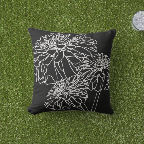 Minimalist black white floral line drawing  outdoor pillow