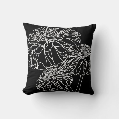 Minimalist black white floral line drawing  throw pillow