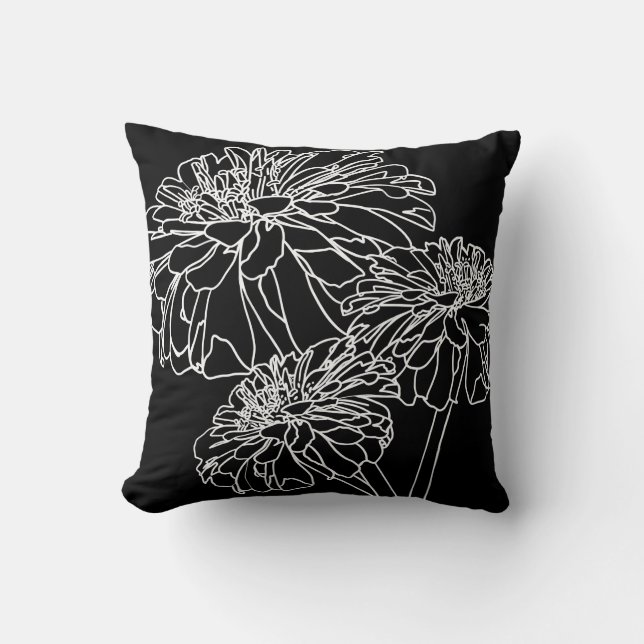 Minimalist black white floral line drawing  throw pillow (Front)
