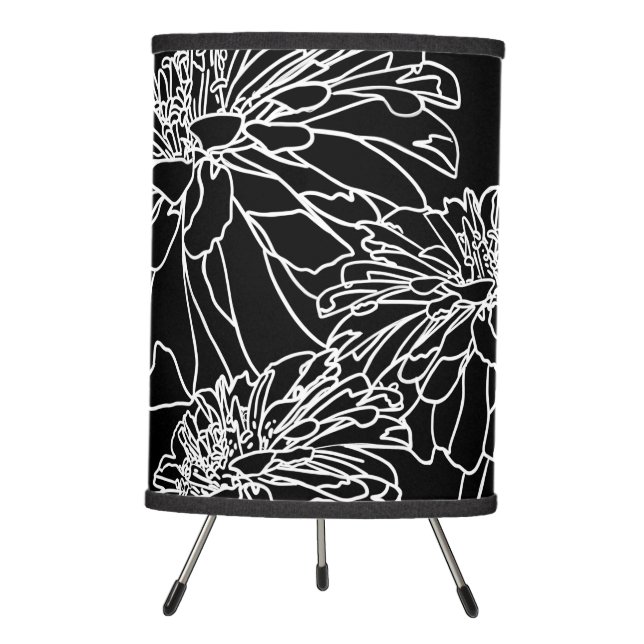 Minimalist black white floral line drawing  tripod lamp (Front)
