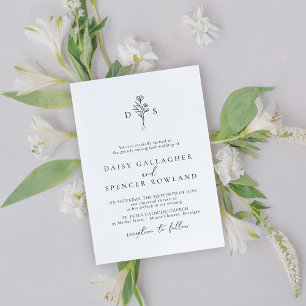 Minimalist Black & White Floral Monogram Wedding Invitation
