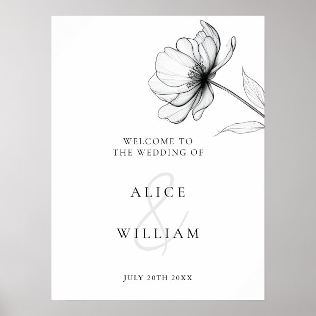 Minimalist Black White Floral Wedding Welcome Sign (Front)