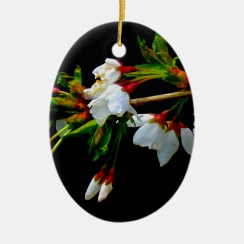 Minimalist Black White flowering Cherry Blossom Ceramic Ornament
