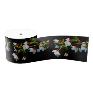 Minimalist Black White flowering Cherry Blossom Grosgrain Ribbon