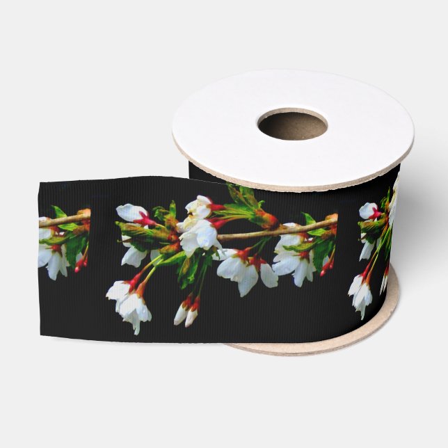Minimalist Black White flowering Cherry Blossom Grosgrain Ribbon (Spool)