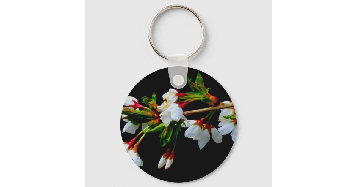 Minimalist Black White flowering Cherry Blossom Keychain Zazzle