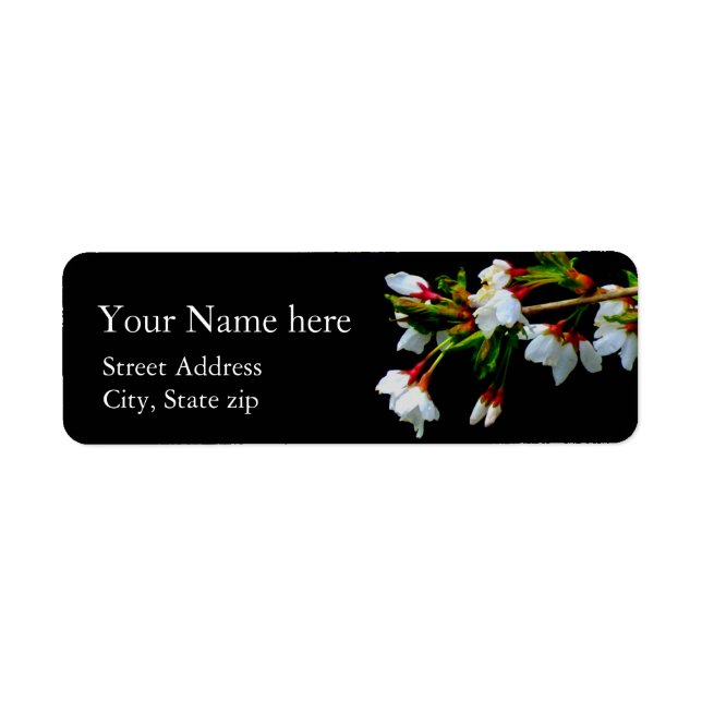 Minimalist Black White flowering Cherry Blossom Label (Front)