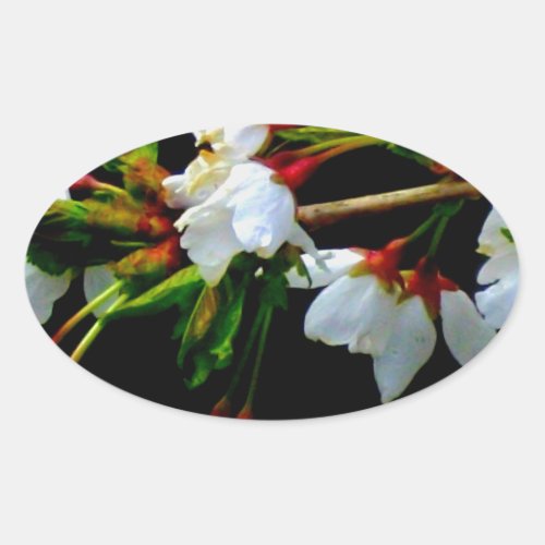 Minimalist Black White flowering Cherry Blossom Oval Sticker