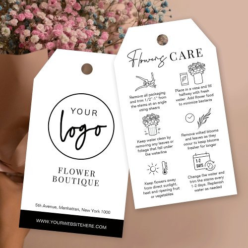 Minimalist Black White Flowers Care Guide Hang Tag