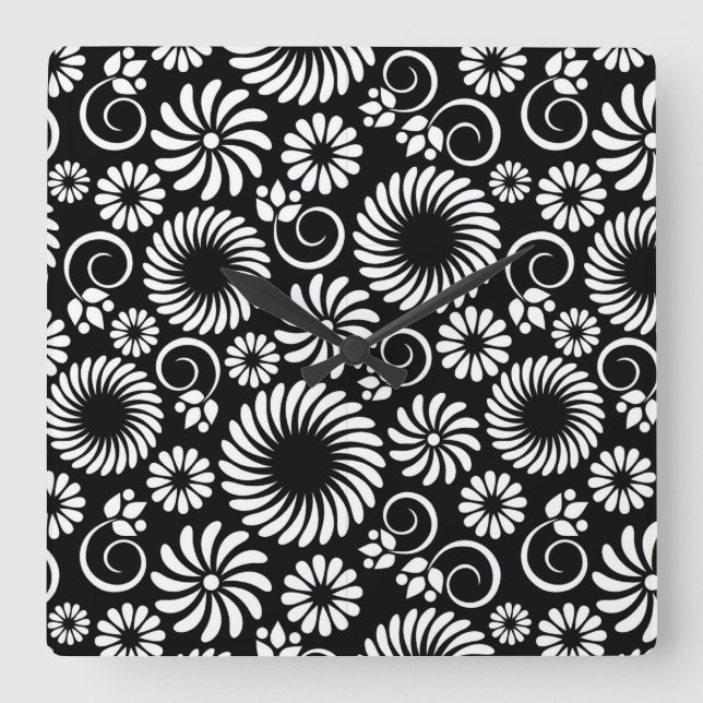 Minimalist Black White Folk Flower Spirals Patter Square Wall Clock (Front)