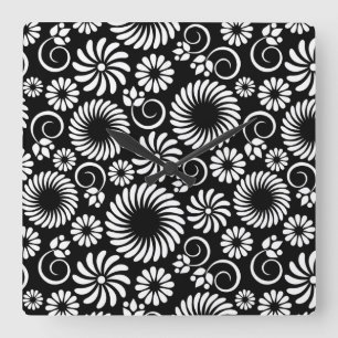 Minimalist Black White Folk Flower Spirals Patter Square Wall Clock