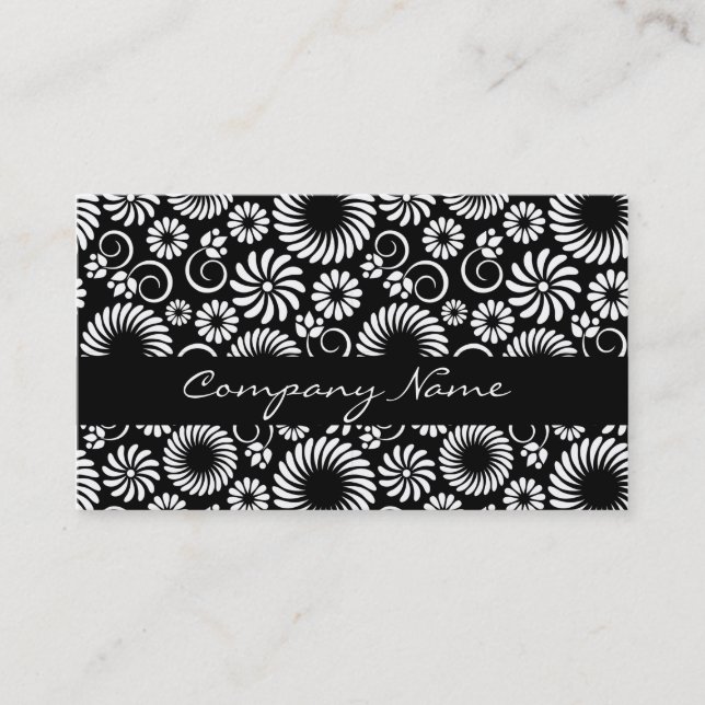 Minimalist Black White Folk Flower Spirals Pattern Business Card (Front)