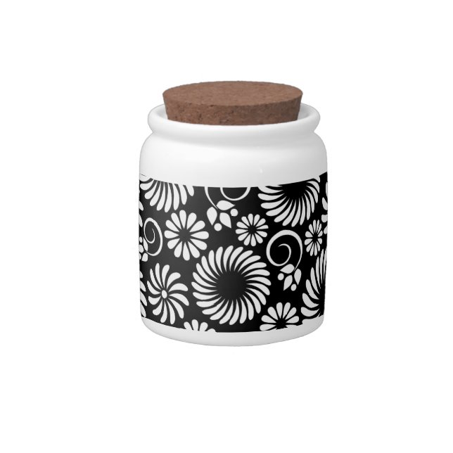 Minimalist Black White Folk Flower Spirals Pattern Candy Jar (Right)