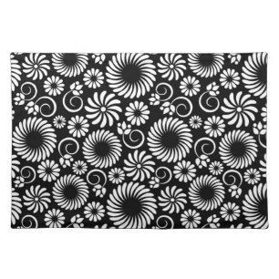 Minimalist Black White Folk Flower Spirals Pattern Cloth Placemat