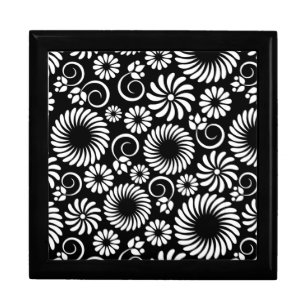 Minimalist Black White Folk Flower Spirals Pattern Keepsake Box