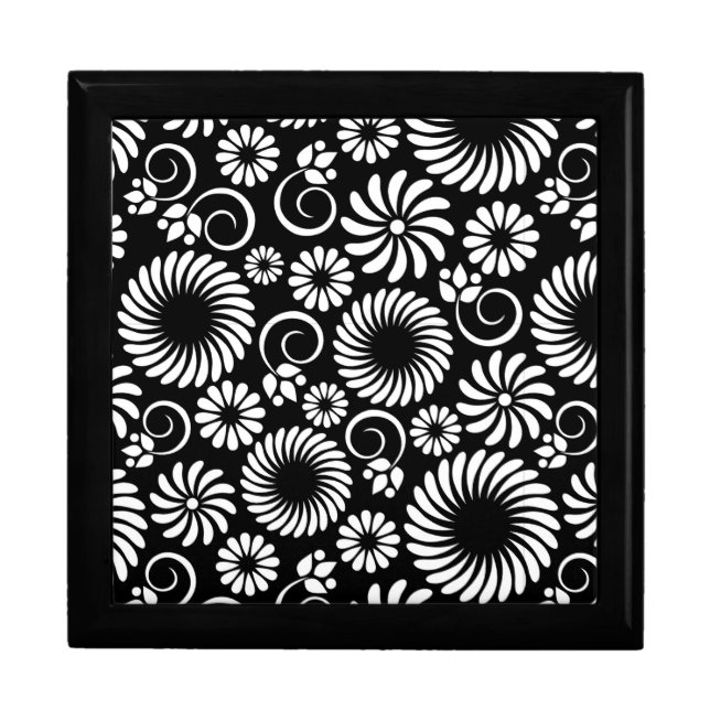 Minimalist Black White Folk Flower Spirals Pattern Keepsake Box (Front)
