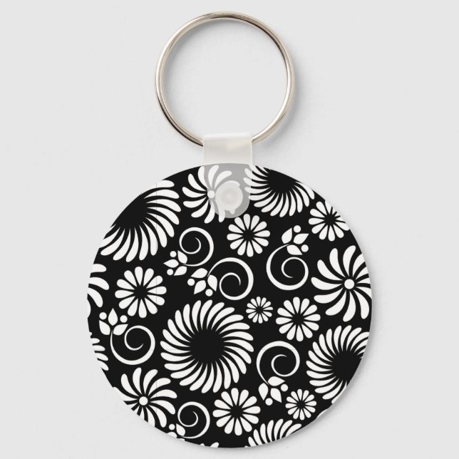 Minimalist Black White Folk Flower Spirals Pattern Keychain (Front)