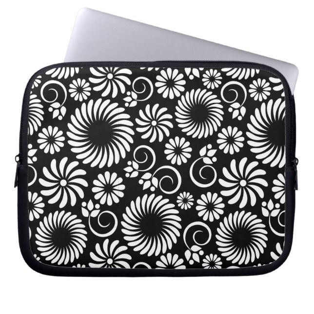 Minimalist Black White Folk Flower Spirals Pattern Laptop Sleeve (Front)