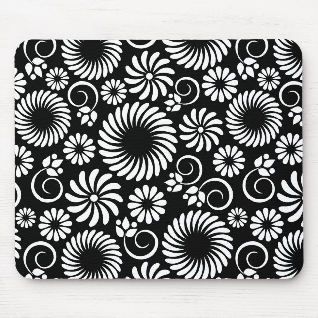 Minimalist Black White Folk Flower Spirals Pattern Mouse Pad (Front)