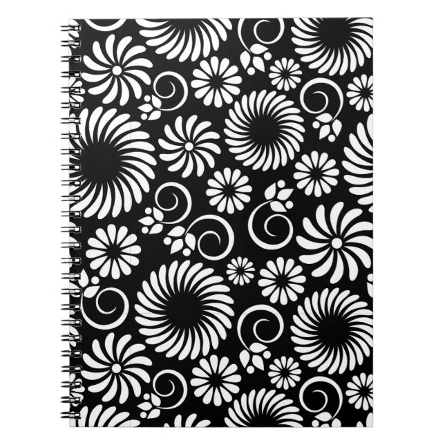 Minimalist Black White Folk Flower Spirals Pattern Notebook (Front)