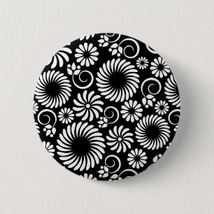 Minimalist Black White Folk Flower Spirals Pattern Pinback Button