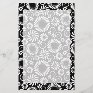 Minimalist Black White Folk Flower Spirals Pattern Stationery