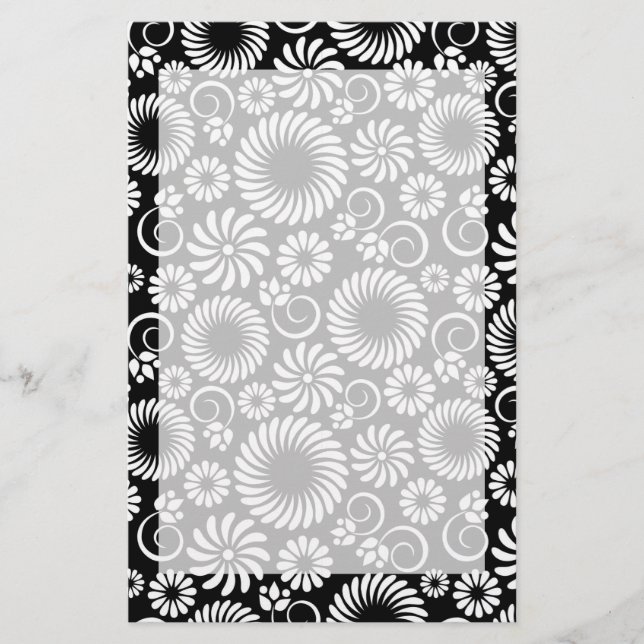 Minimalist Black White Folk Flower Spirals Pattern Stationery (Front)