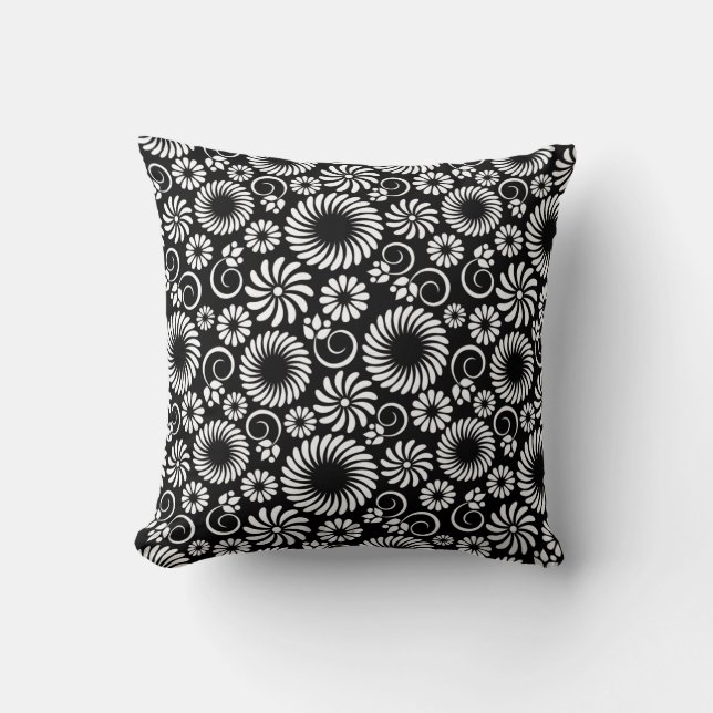 Minimalist Black White Folk Flower Spirals Pattern Throw Pillow (Front)