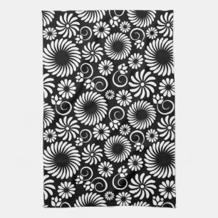 Minimalist Black White Folk Flower Spirals Pattern Towel