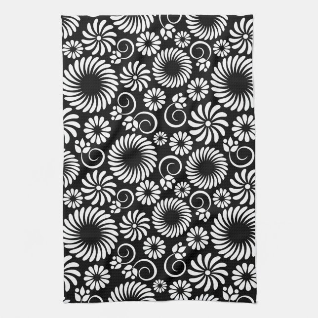 Minimalist Black White Folk Flower Spirals Pattern Towel (Vertical)