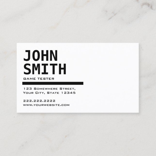 Minimalist Black & White Game Testing Business Card (Front)