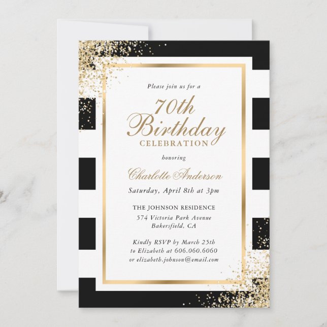 Minimalist Black White Gold Confetti 70th Birthday Invitation (Front)