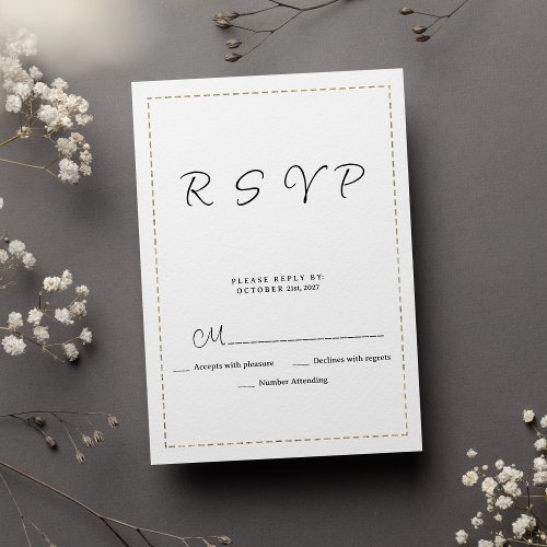 Minimalist black white gold dashed line RSVP