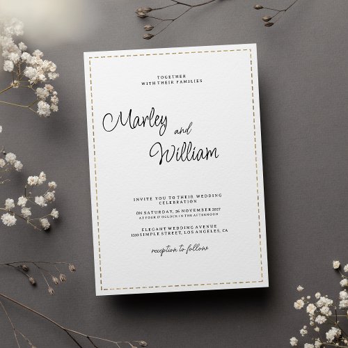 Minimalist black white gold dashed line Wedding Invitation