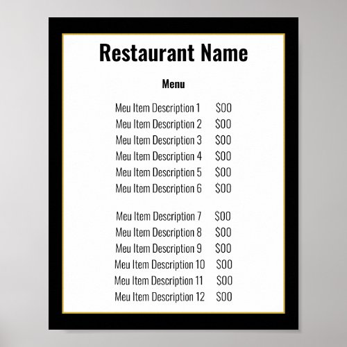 Minimalist Black White Gold Template Menu Poster