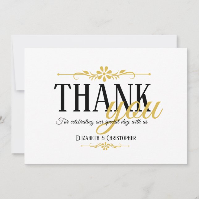 Minimalist Black White Gold Wedding Thank You Card (Front)