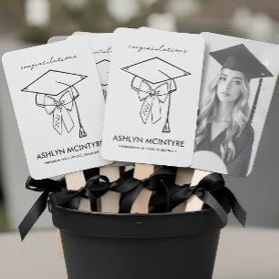 Minimalist Black & White Graduation Cap and Bow Hand Fan