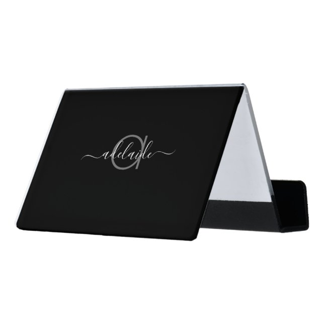 Minimalist Black White Gray Monogram Simple Chic Desk Business Card Holder (Angled Back)