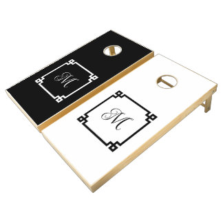 Minimalist Black White Greek Key Border Monogram Cornhole Set