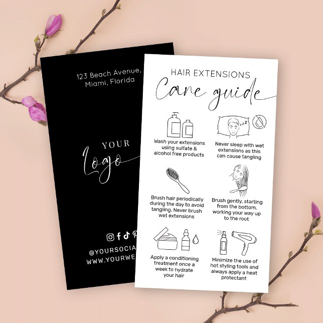 Minimalist Black & White Hair Extensions Aftercare Business Card (Creator Uploaded)