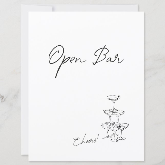 Minimalist Black & White Hand Drawn Open Bar Sign (Front)