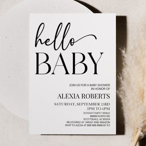 Minimalist Black White Hello Baby Baby Shower Invitation