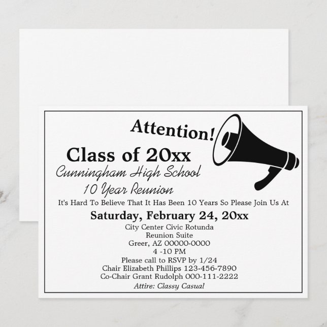 Minimalist Black White High School Class Reunion Invitation (Front/Back)