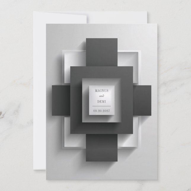 Minimalist Black White Layered Geometric Square Invitation (Front)