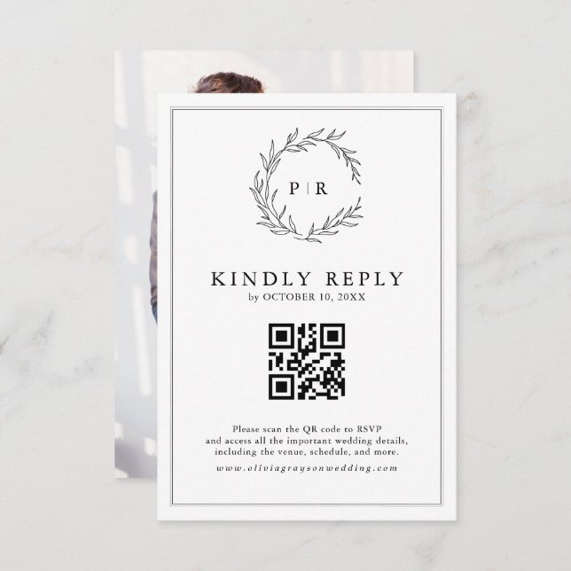 Minimalist Black & White Leaf Modern QR Code Photo RSVP Card (Front/Back)