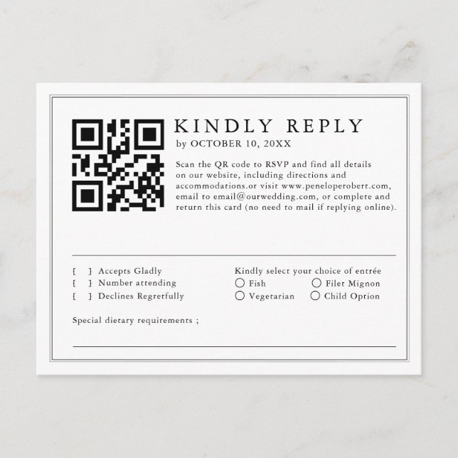 Minimalist Black & White Leaf Modern QR Code RSVP Postcard (Front)