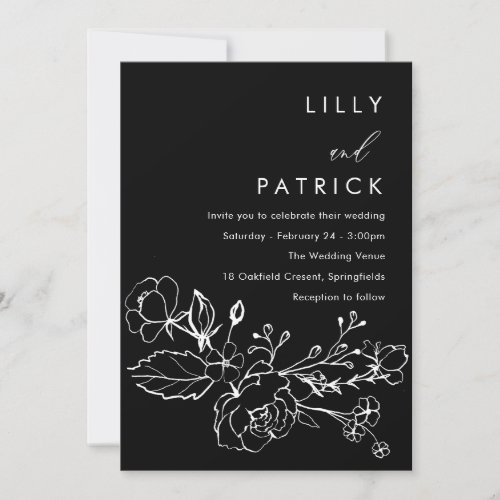  Minimalist Black  White Lineart Floral Wedding Invitation