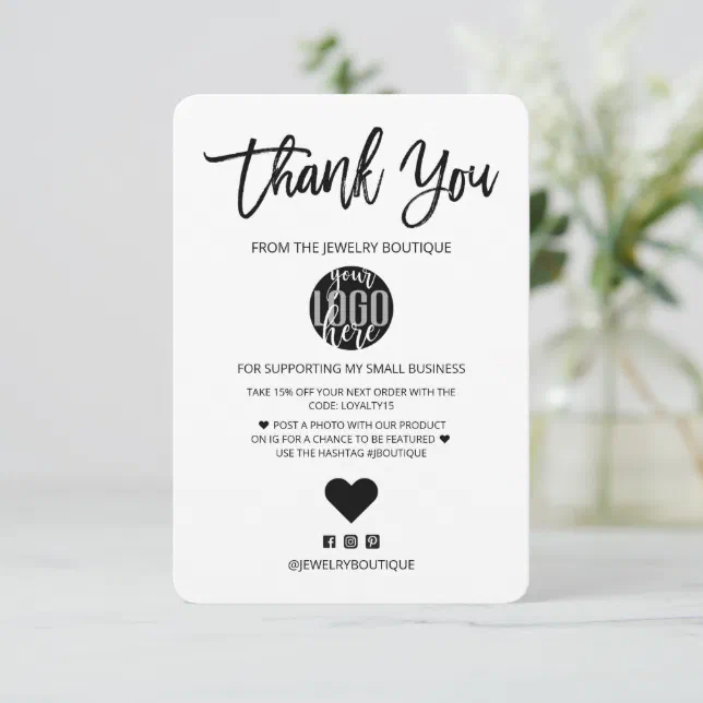Minimalist Black White Logo Customer Thank You Card | Zazzle