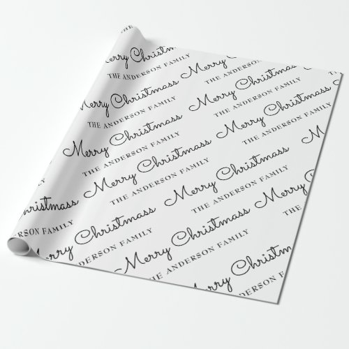 Minimalist BlackWhite Merry Christmas Family Name Wrapping Paper